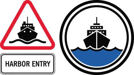 Harbor entry sign and ship icon vector illustration © Emonahmed