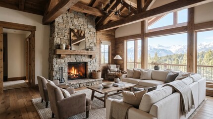 Fototapeta premium Spacious living room featuring fireplace overlooking mountain view