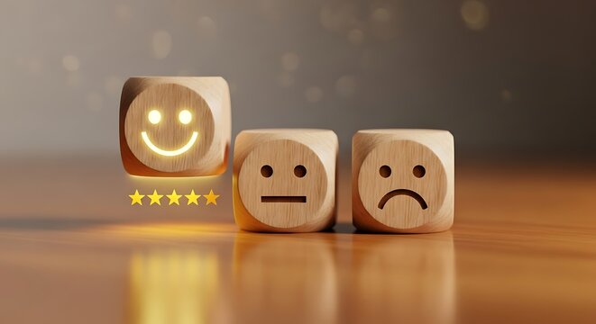 Three wooden dice with happy, neutral and sad faces showing emotions on table