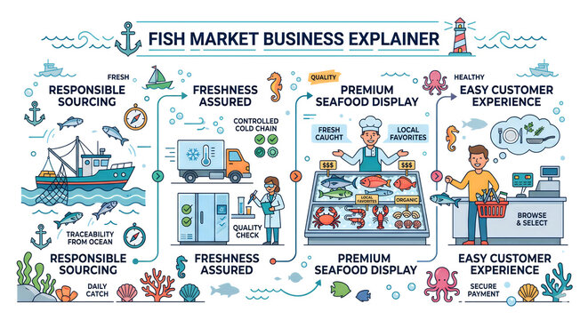 Fish market operations demonstrate the supply chain from sustainable ocean sourcing to retail display.