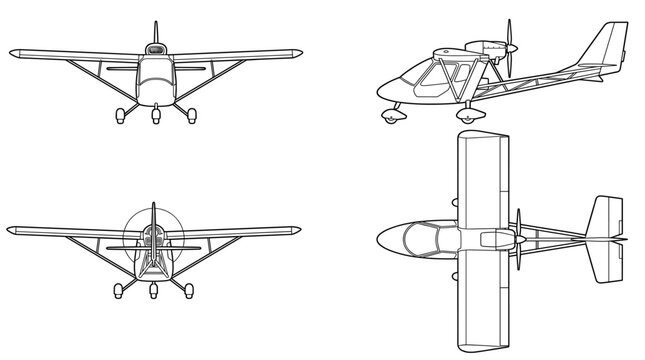 Ultralight aircraft technical drawing blueprint with front side back and top views CAD line art vector illustration