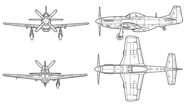 Propeller plane aircraft technical drawing blueprint with front side back and top views CAD line art vector illustration