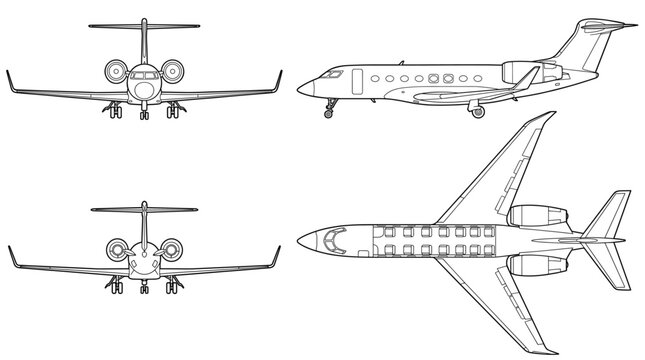 Private plane aircraft technical drawing blueprint with front side back and top views CAD line art vector illustration