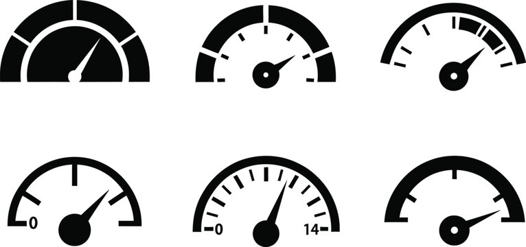 six different speedometer icons in black on white background
