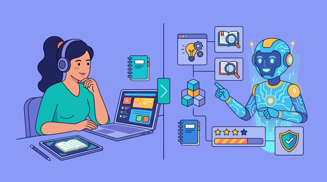 AI Education Concept Illustration with Student and Robot Tutor for Machine Learning and Personalized Digital Learning
