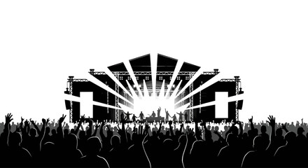 Silhouette illustration of a music festival stage with a cheering crowd. © Abid_Dilnawas