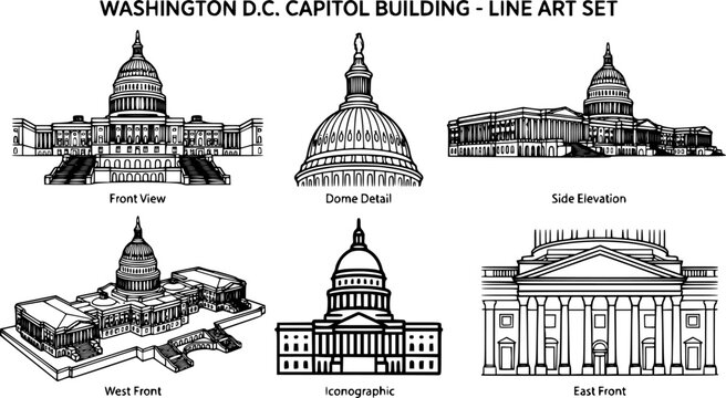 set of Washington capitol building line art, black outline, vector and illustration, coloring book page line art drawing
