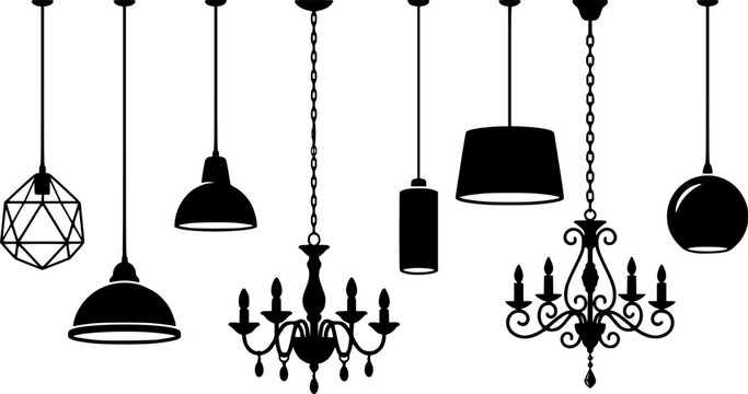 Various hanging ceiling lamps. Lamp, chandelier. Black silhouette. Front side view. Vector simple flat graphic illustration. Isolated object on a white background 
