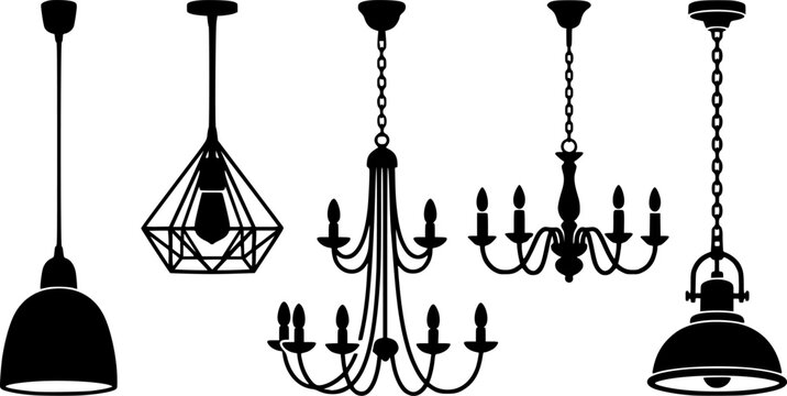 Various hanging ceiling lamps. Lamp, chandelier. Black silhouette. Front side view. Vector simple flat graphic illustration. Isolated object on a white background 
