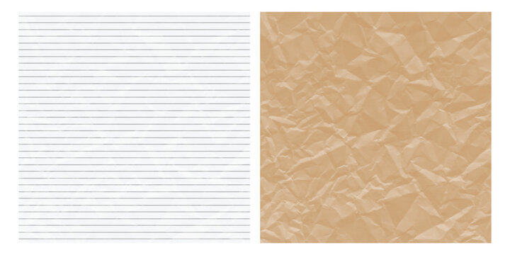 Clean vector graphic showcasing a white lined notepad page with subtle creases and a heavily crumpled brown paper texture. .Versatile backgrounds.