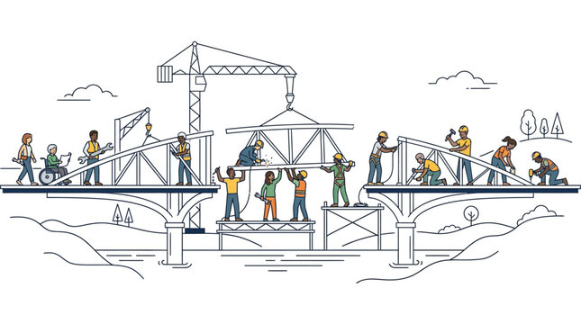 Diverse construction team working together on a bridge infrastructure project.