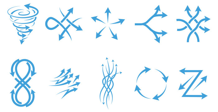 A collection of various blue arrow graphics, including a tornado, intertwined arrows, a starburst, branching arrows, a braided design, an infinity symbol, a cluster of arrows, a circular arrow, and a