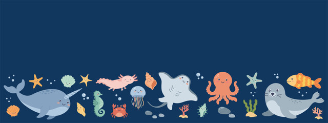 Panoramic horizontal banner with cute sea animals for kids on dark background © Nadiia Lehkobyt