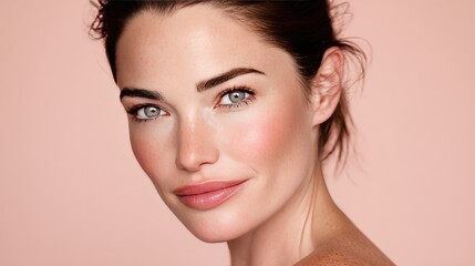 Naklejka premium Natural Beauty Portrait of a Smiling Woman with Flawless Skin Against a Soft Pink Background
