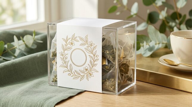 ティーバッグの透明パッケージモックアップ。金色の花冠デザインと白いラベル。自然光が差す窓辺のギフトボックス。コピースペース