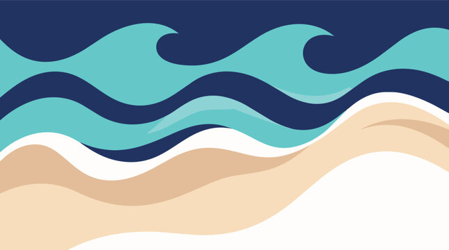 Abstract dynamic ocean waves and beach sand background with minimalist curved sea water flowing lines and tropical summer coastal papercut style vector illustration
