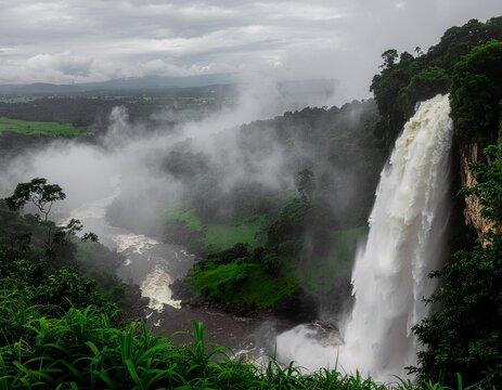 A big, dramatic waterfall located in Western ghats or Sahyadri in Maharashtra