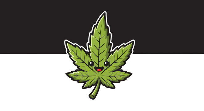 Cartoon cannabis leaf with smiling face.