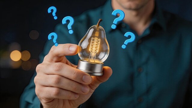 Man holding light bulb with question marks floating around, creative idea generation, problem solving concept, innovation brainstorming, seeking solutions, curiosity and inquiry