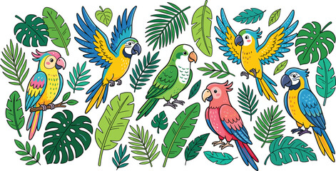 Tropical parrot bird collection surrounded by exotic jungle leaves in colorful decorative vector illustration artwork © MDSabbir