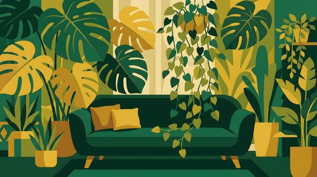 Lush tropical living room with a green sofa surrounded by oversized monstera and trailing ivy plants.