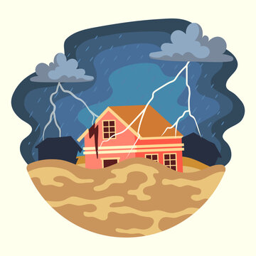 A house damaged by a severe storm with heavy rain, lightning, and dark clouds, illustrating a natural disaster.