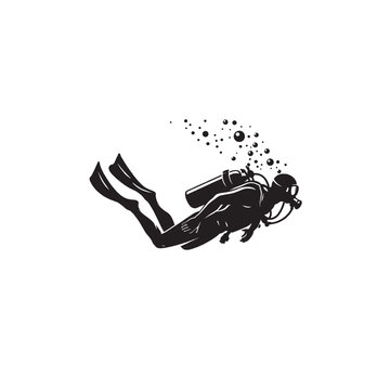 Vintage scuba diver silhouette vector, retro deep sea diving illustration, black and white underwater swimmer with oxygen tank and bubbles