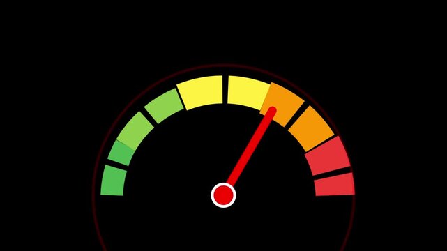 Colorful gauge meter with red needle on black background  gauge meter