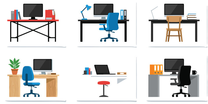 Modern home office workspace collection featuring desks computers chairs and remote working interior vector illustrations