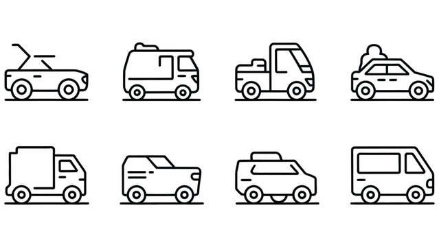 Collection of simple outline vector icons representing different types of vehicles including cars trucks and vans in a clean illustrative style