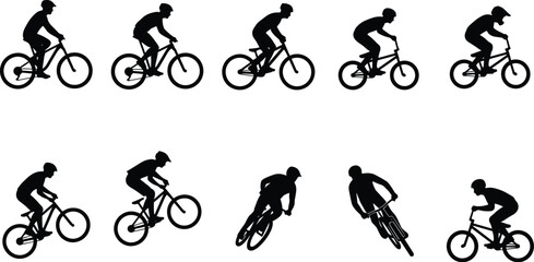 Fototapeta premium Set of mountain bike and BMX cyclist silhouettes performing jumps and stunts isolated on white background for sports design
