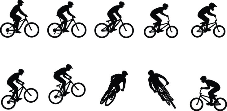 Set of mountain bike and BMX cyclist silhouettes performing jumps and stunts isolated on white background for sports design