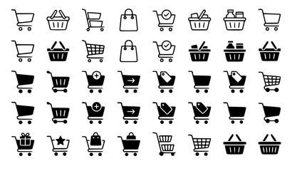 Supermarket shopping cart icons collection with minimalist thin line and black solid glyph shapes for digital retail app e-commerce store purchase design elements. © Hosneara