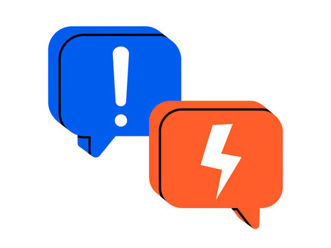 Hand drawn illustration speech bubbles with lightning bolt and exclamation mark. Flat vector emotional response to criticism doodle. Toxic relationship. Social media message sticker. Isolated.