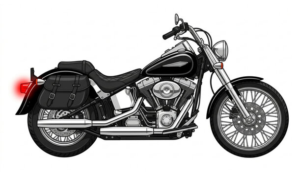 Black and white cruiser motorcycle vector with chrome details and red taillight isolated design