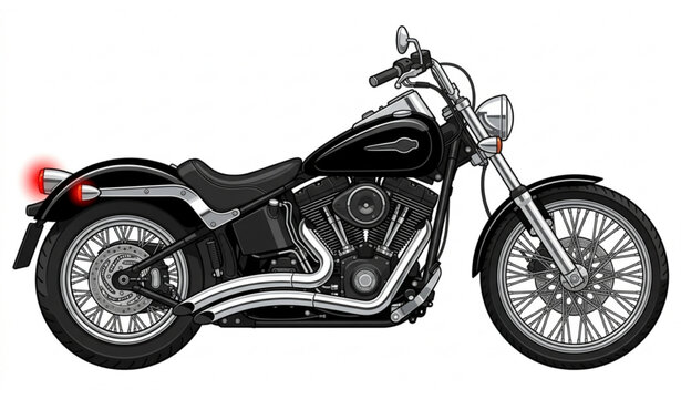 Black and white cruiser motorcycle vector with chrome details and red taillight isolated design