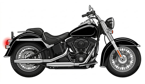 Black and white cruiser motorcycle vector with chrome details and red taillight isolated design