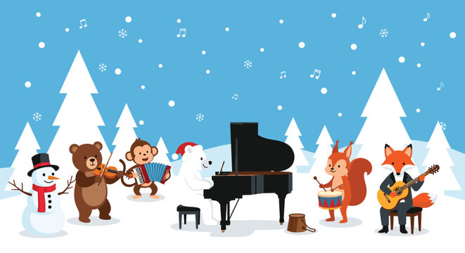Musical ensemble of cartoon animals including a bear, monkey, and fox play instruments in a peaceful snowy winter forest with a snowman.
