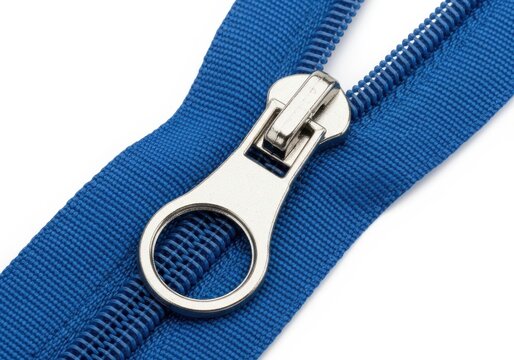 A close-up view of a blue zipper with a silver pull tab and teeth.