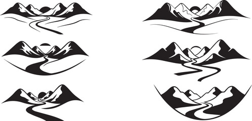 Fototapeta premium Mountain landscape collection with winding river silhouettes in black minimalist style for logo design and outdoor art.