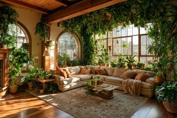 Fototapeta premium Indoor garden living room with lush green plants and sectional sofa in warm golden sunlight for interior design and real estate marketing