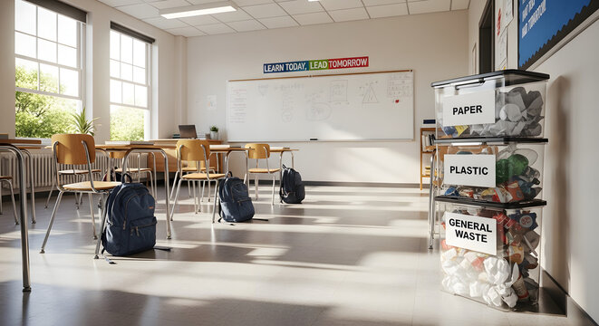 Classroom interior featuring desks arranged for learning, backpacks in foreground, and recycling bins labeled for paper, plastic, and general waste.