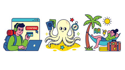 Three lively scenes depict travel elements including booking, adventure planning, and relaxation with an octopus character, emphasizing the joy of exploration and travel. © James