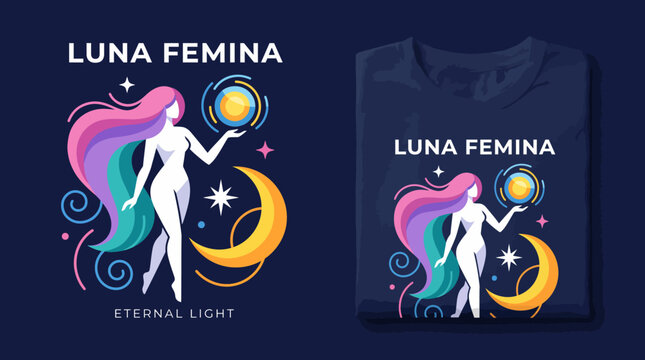 An artistic representation of Luna Femina, a feminine figure illuminated by celestial elements, conveying themes of empowerment, femininity, and connection to the cosmos.