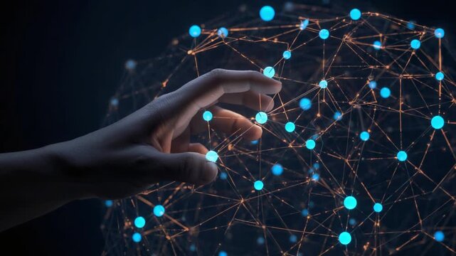 Hand touching a glowing blue node in a complex interconnected digital network structure image photo