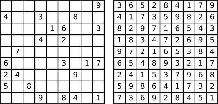 Sudoku puzzle series with 9x9 grids, initial clues, and complete solutions. Clean vector illustration for activity books, brain teasers, and printable worksheets