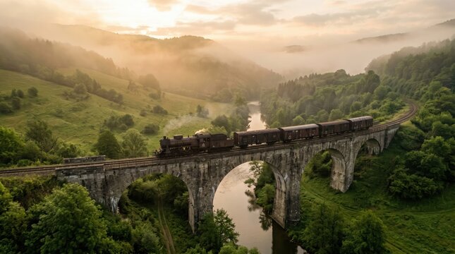 Steam train crossing stone viaduct over river at sunrise in misty valley for scenic travel banner and landscape background