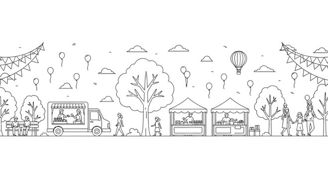 Line art illustration of a festive outdoor fair with food trucks and stalls.