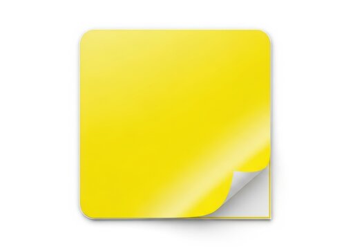 A bright yellow sticky note with a corner peeled back against a white background