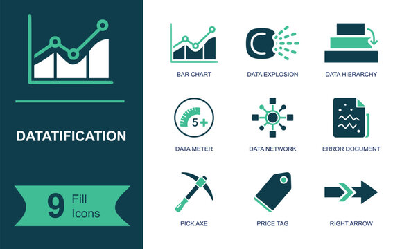 Datification icon set. Containing analytics chart, data evaluation, dashboard, crypto document, market growth, price tag, data mining and more. Solid fill vector icons collection.